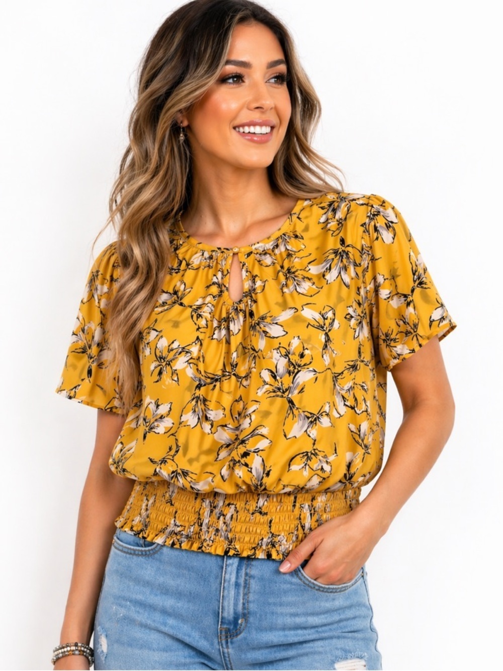 Sienna Sky Yellow Floral Smocked Blouse | Lightweight Boho Top/S